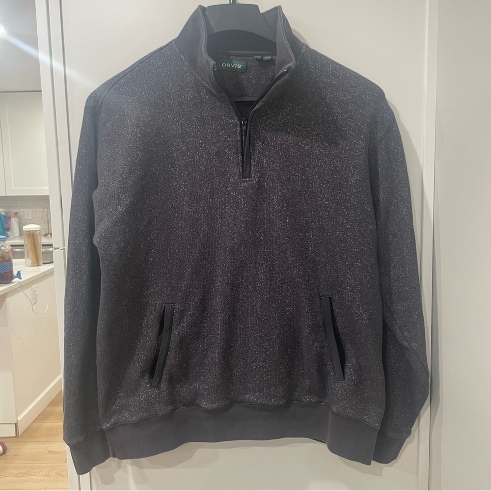 Orvis Men's Cotton 1/4 Zip Pullover Sweater Large Charcoal Business Casual